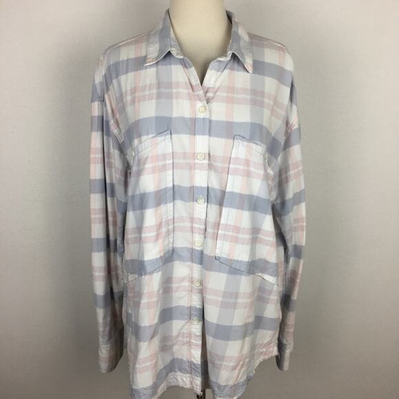 Free People Blue & Pink Plaid Button Down Medium - Picture 2 of 9